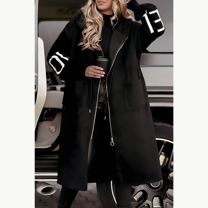 Vivien | Hooded Longline Coat with Knit Sleeves