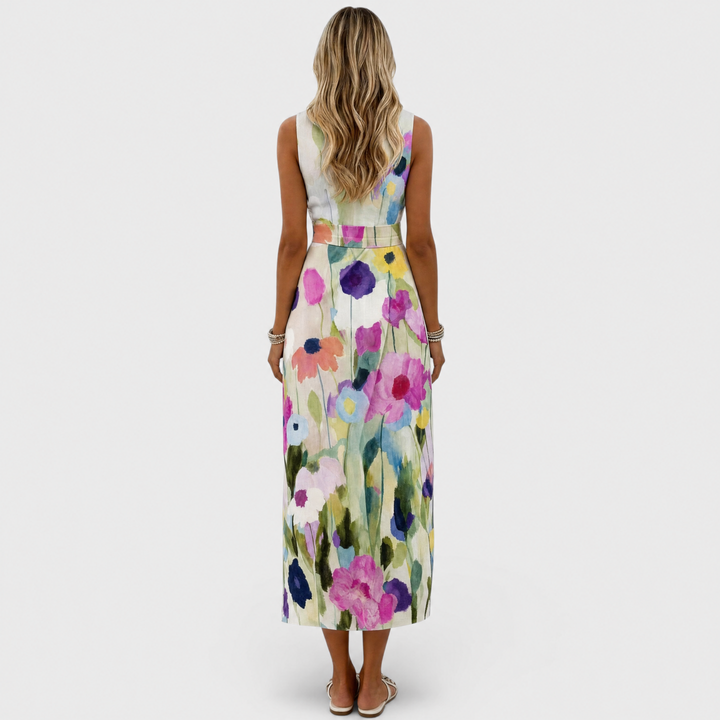 Carmina Watercolor Floral Sleeveless Midi Dress