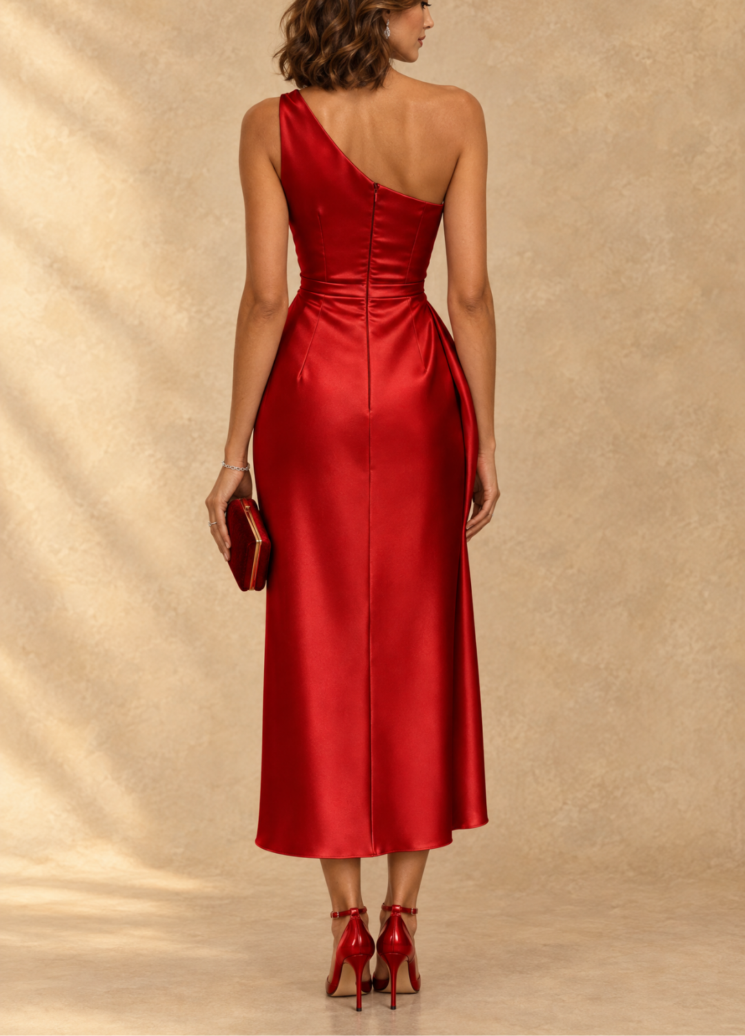 Diane One-Shoulder Satin Midi Dress - Red