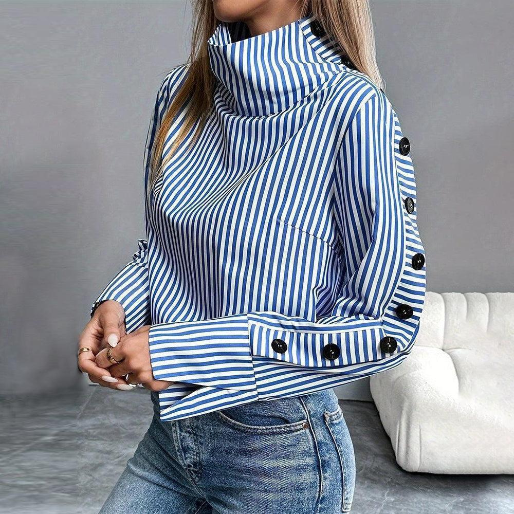 Iselle Blue Striped High Neck Top
