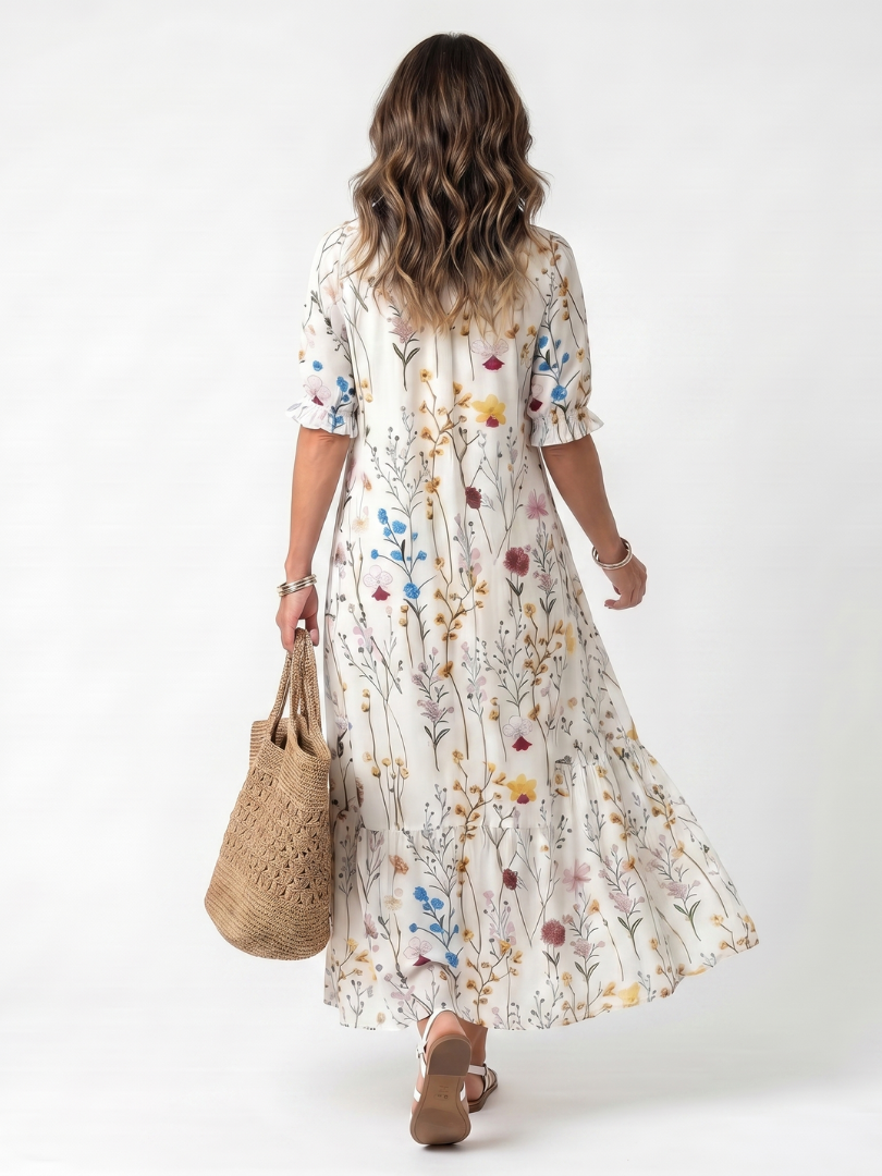Sylvie Botanical Print Tassel Tie Midi Dress