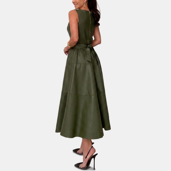 May Faux Leather Belted A Line Midi Dress