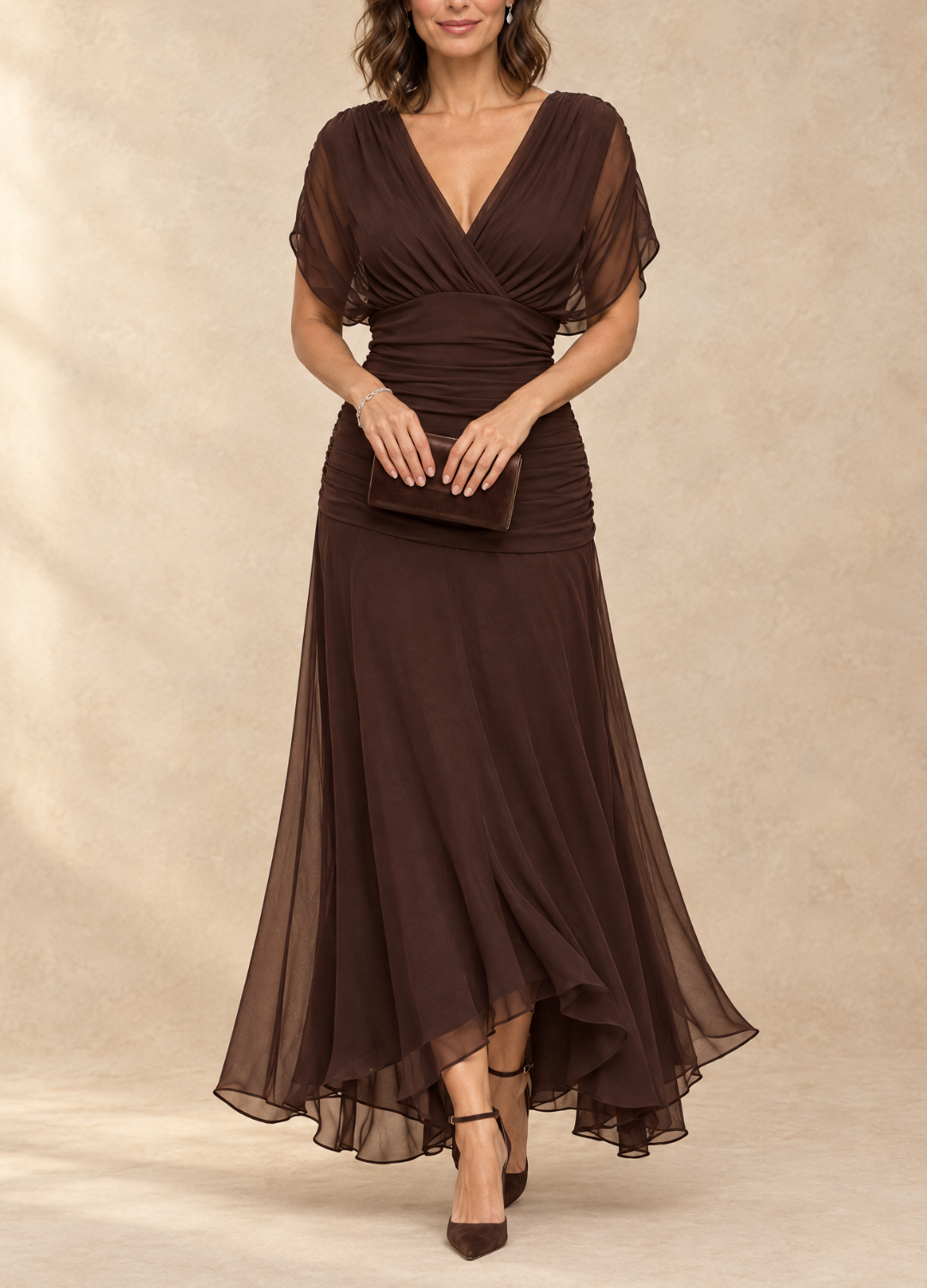 Emma Draped V-Neck Evening Maxi Dress
