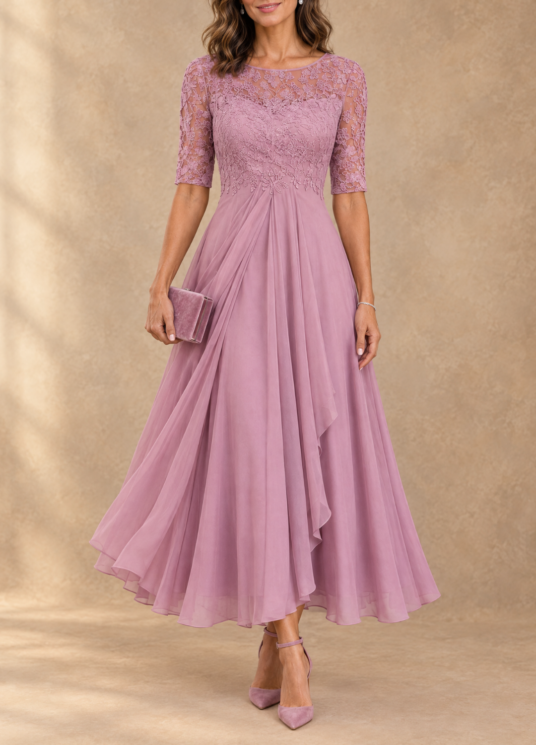 Abella Lace and Chiffon Dress - Mauve