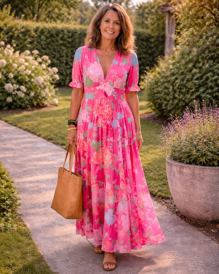Ione Short Sleeve V Neck Floral Midi Dress