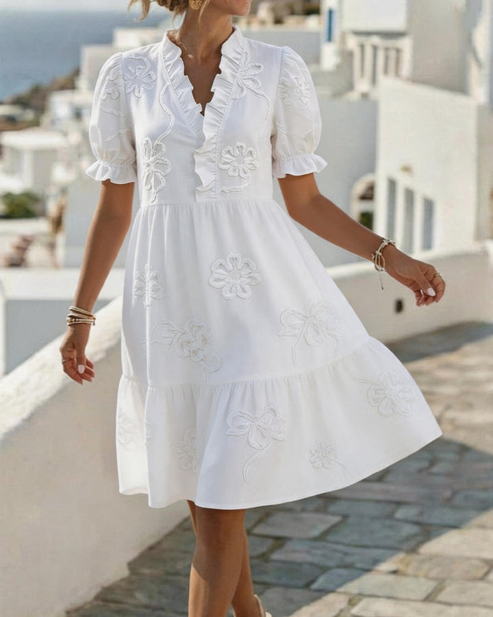 Blossom Embroidered Ruffle V-Neck Puff Sleeve Dress