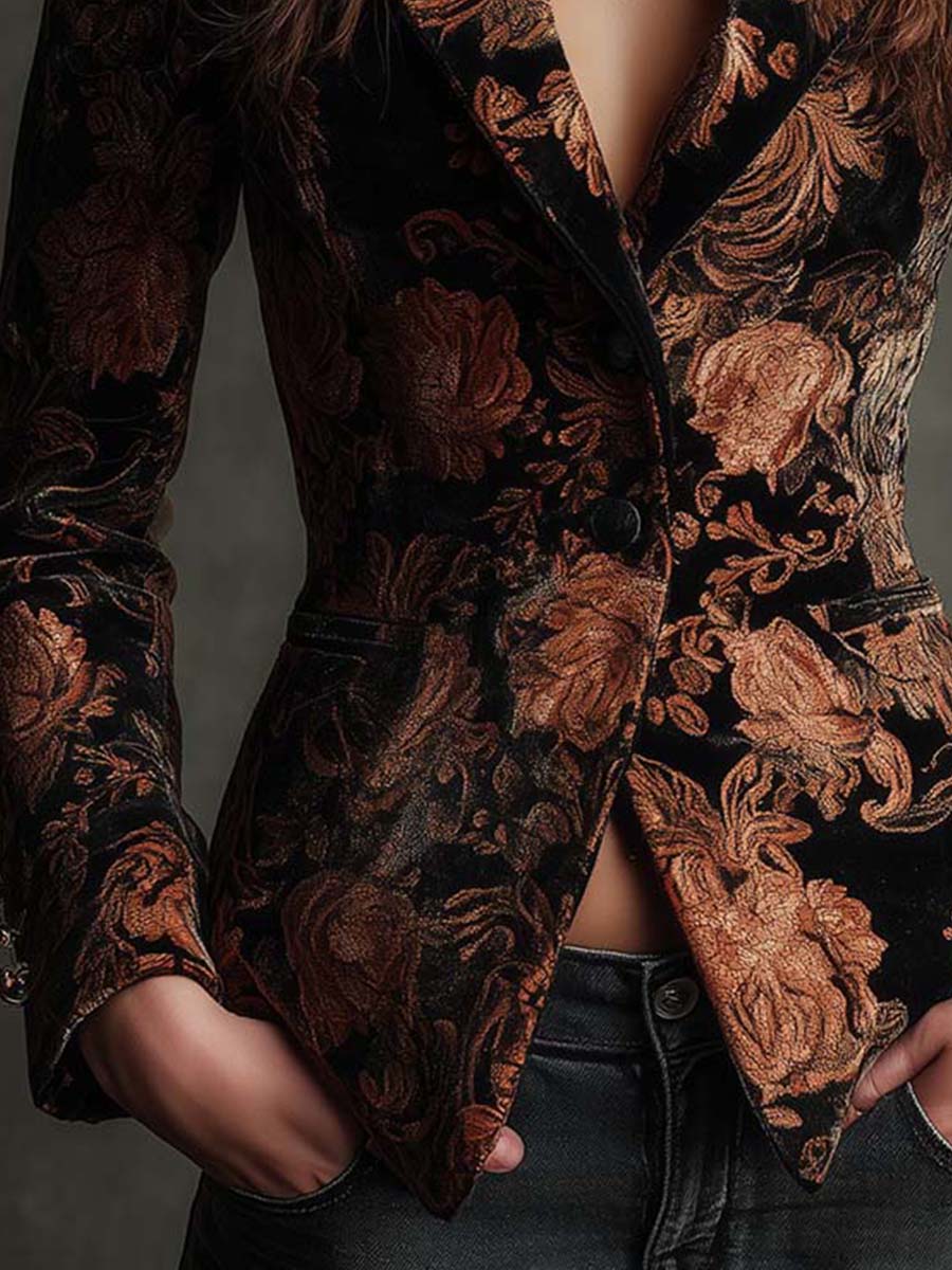 Bertille | Black & Bronze Floral Print Tailored Blazer