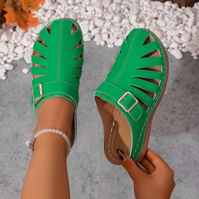 Alvena Closed-Toe Cut-Out Buckle Flat Sandals