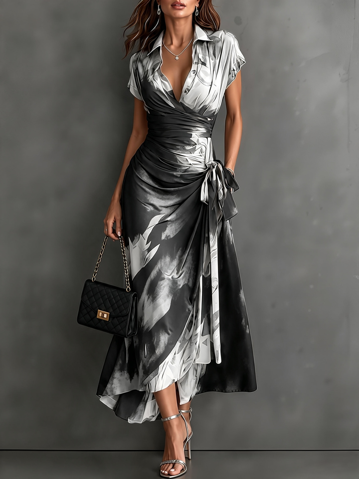 Fiorella Midi Wrap Dress in Black and White Watercolor Print