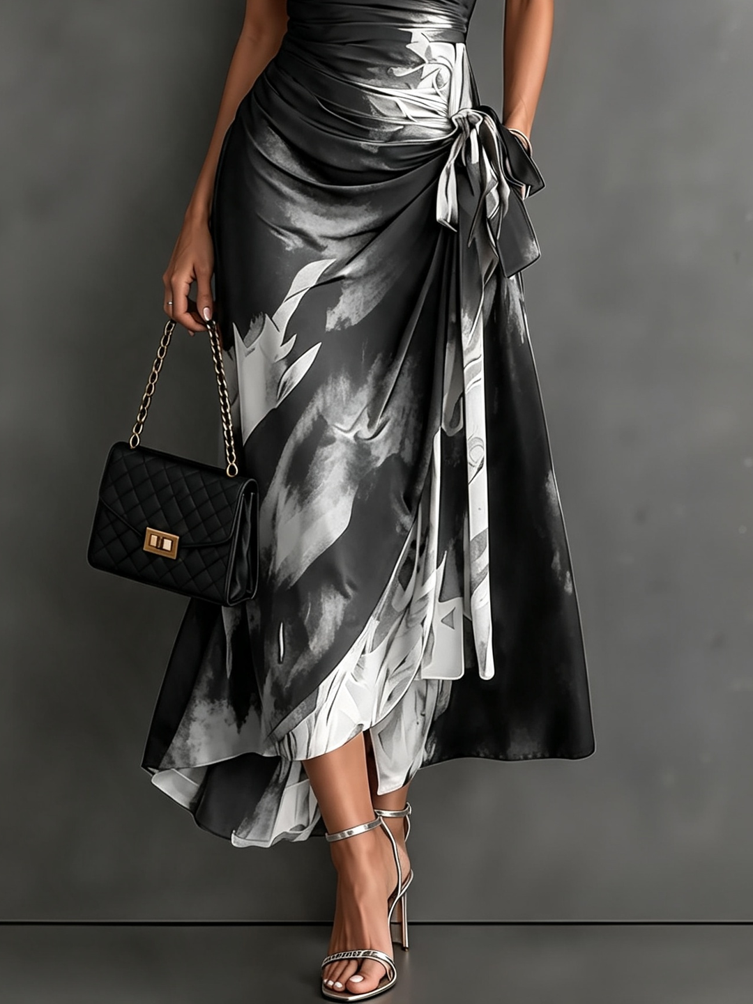 Fiorella Midi Wrap Dress in Black and White Watercolor Print