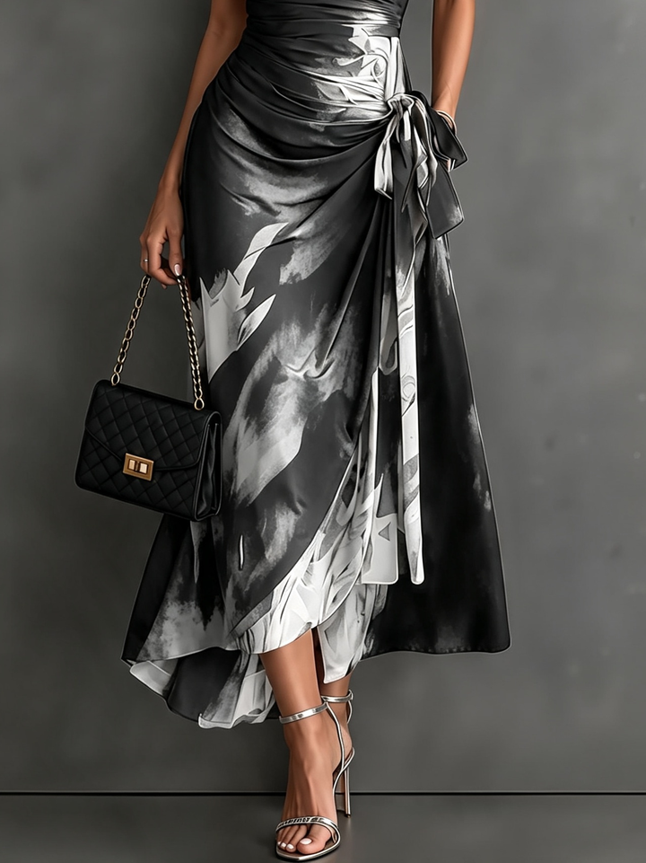 Fiorella Midi Wrap Dress in Black and White Watercolor Print