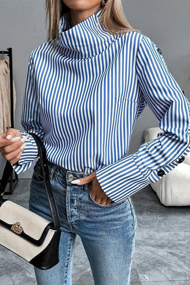 Iselle Blue Striped High Neck Top
