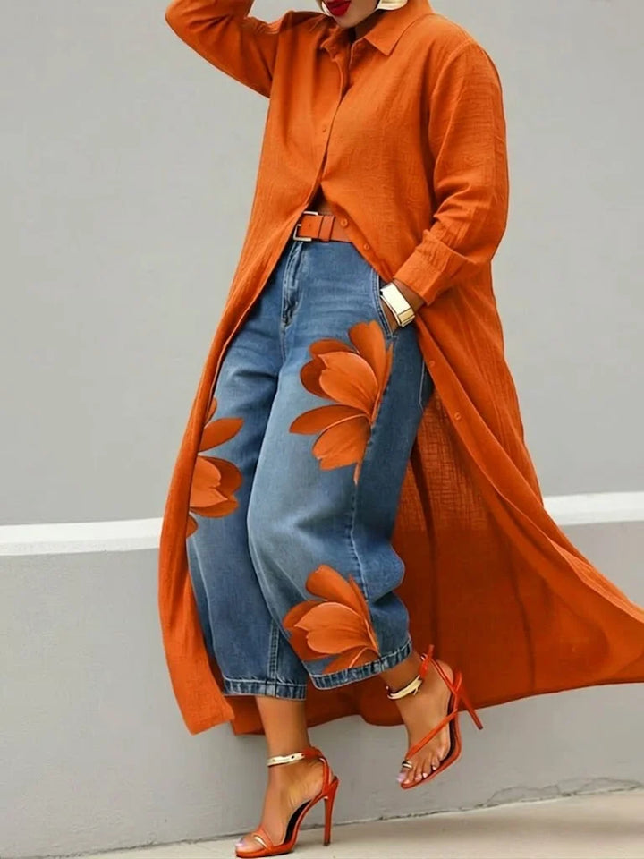 Fiamma Linen Shirt Dress and Floral Jeans Set