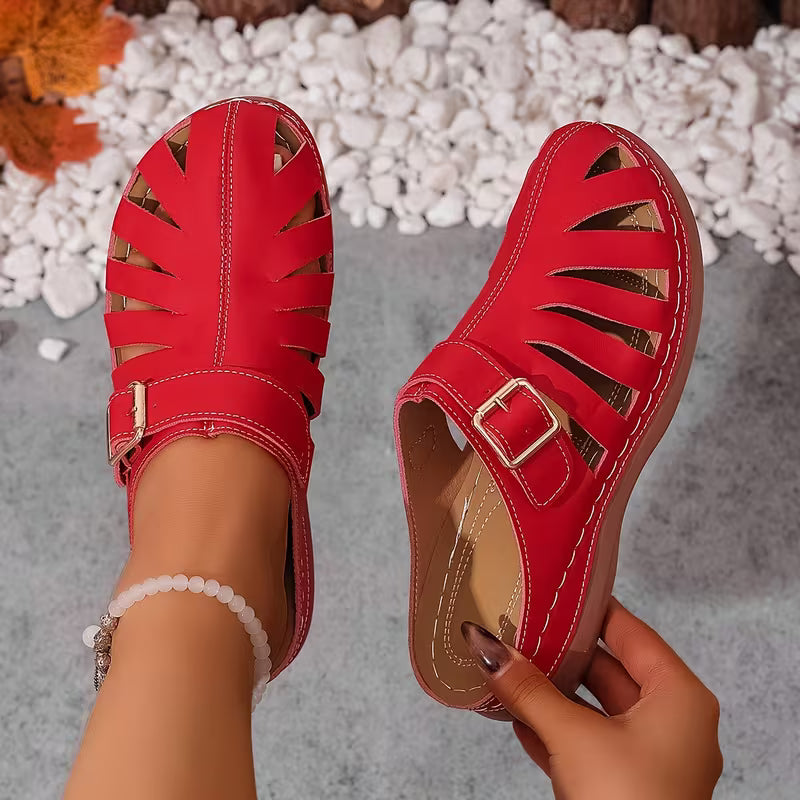 Alvena Closed-Toe Cut-Out Buckle Flat Sandals