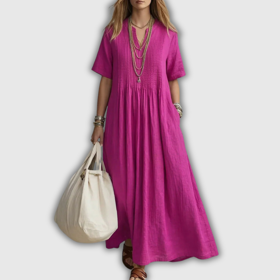 Elowen Pintuck V-Neck Linen Maxi Dress