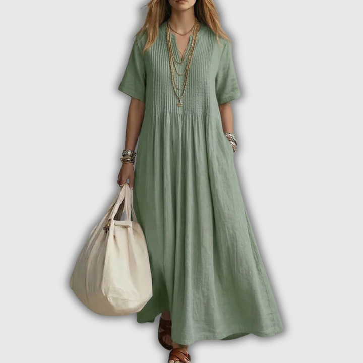 Elowen Pintuck V-Neck Linen Maxi Dress