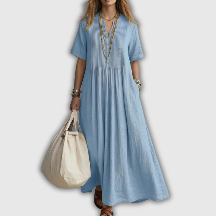 Elowen Pintuck V-Neck Linen Maxi Dress