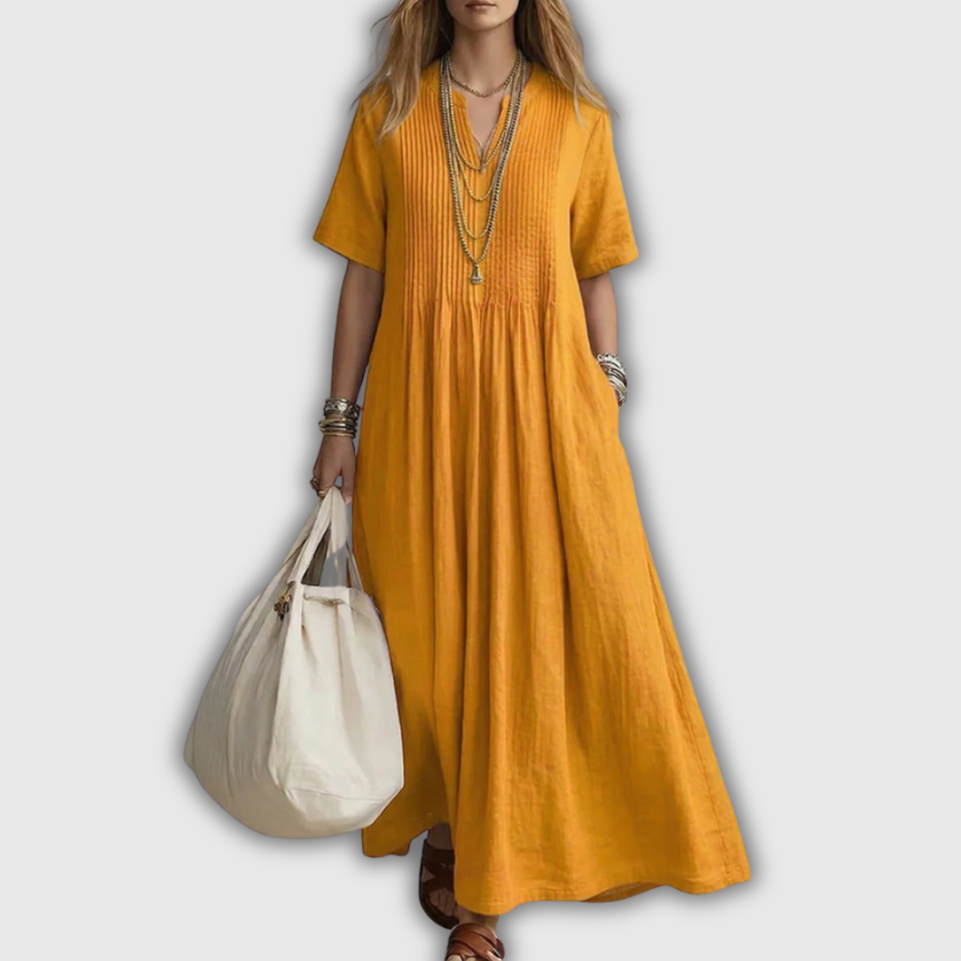 Elowen Pintuck V-Neck Linen Maxi Dress