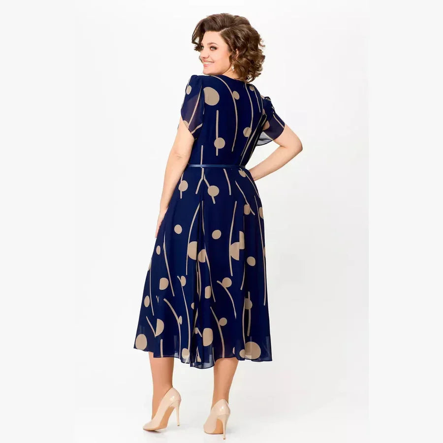 IVY NAVY POLKA DOT PRINT CHIFFON MIDI DRESS