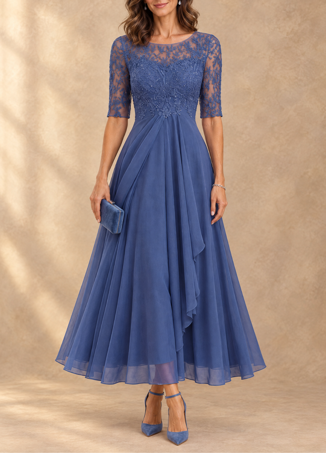 Abella Lace and Chiffon Dress - Blue
