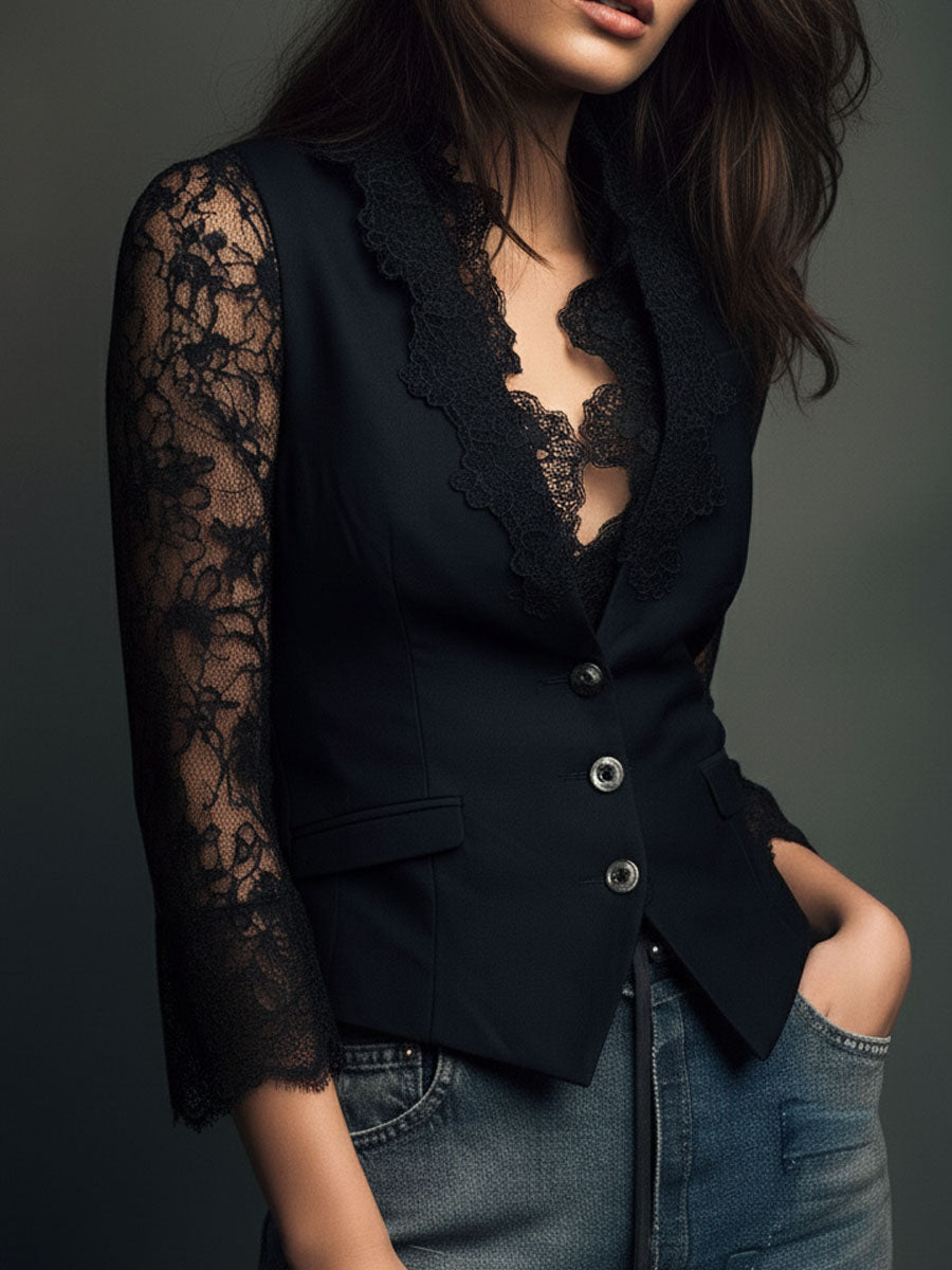 Noémie | Black Blazer Top with Semi-Sheer Sleeves