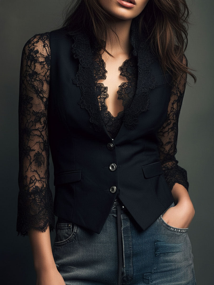 Noémie | Black Blazer Top with Semi-Sheer Sleeves