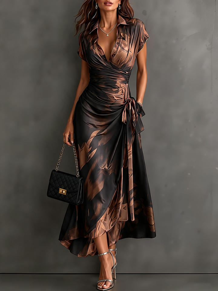 Francesca Midi Wrap Dress in Brown Abstract Print