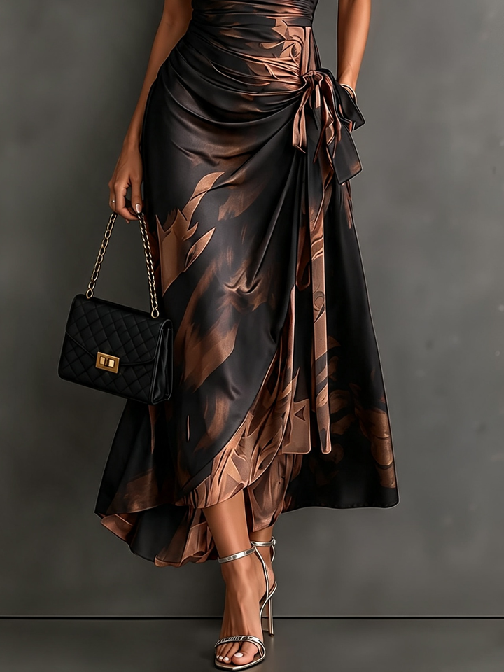 Francesca Midi Wrap Dress in Brown Abstract Print