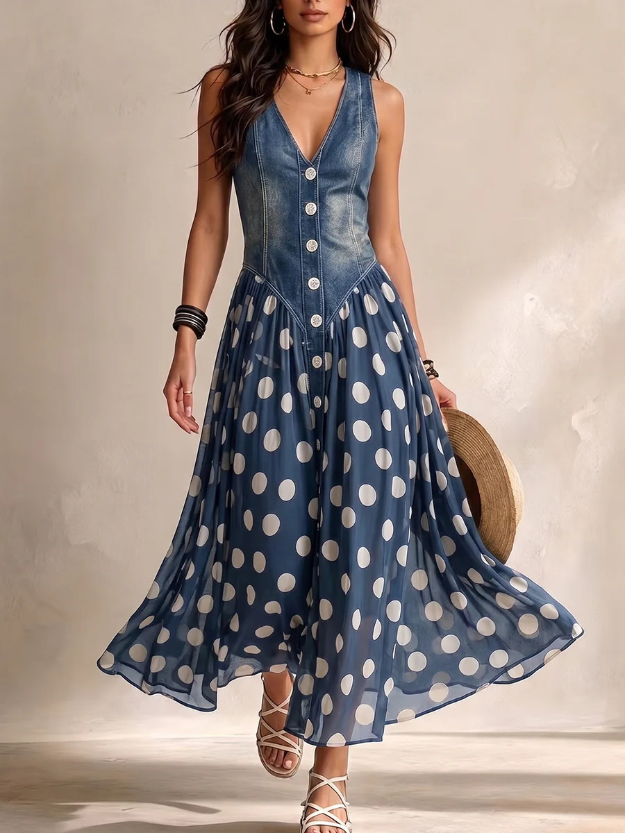 Brenda Denim Top Polka Dot Chiffon Dress - Blue