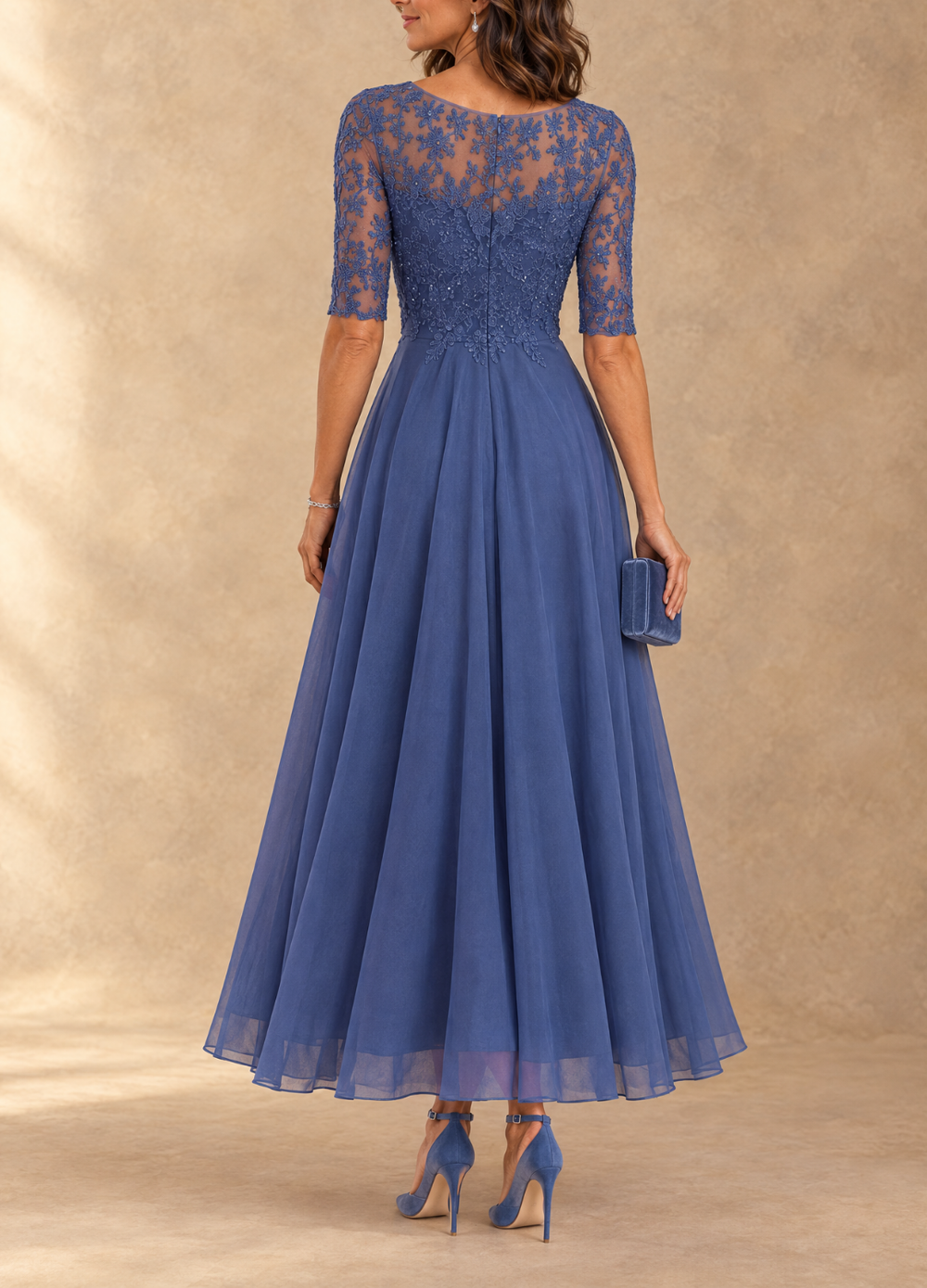 Abella Lace and Chiffon Dress - Blue
