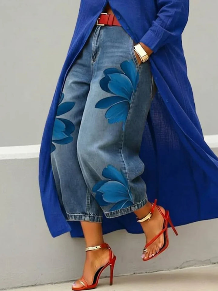 Fiamma Linen Shirt Dress and Floral Jeans Set