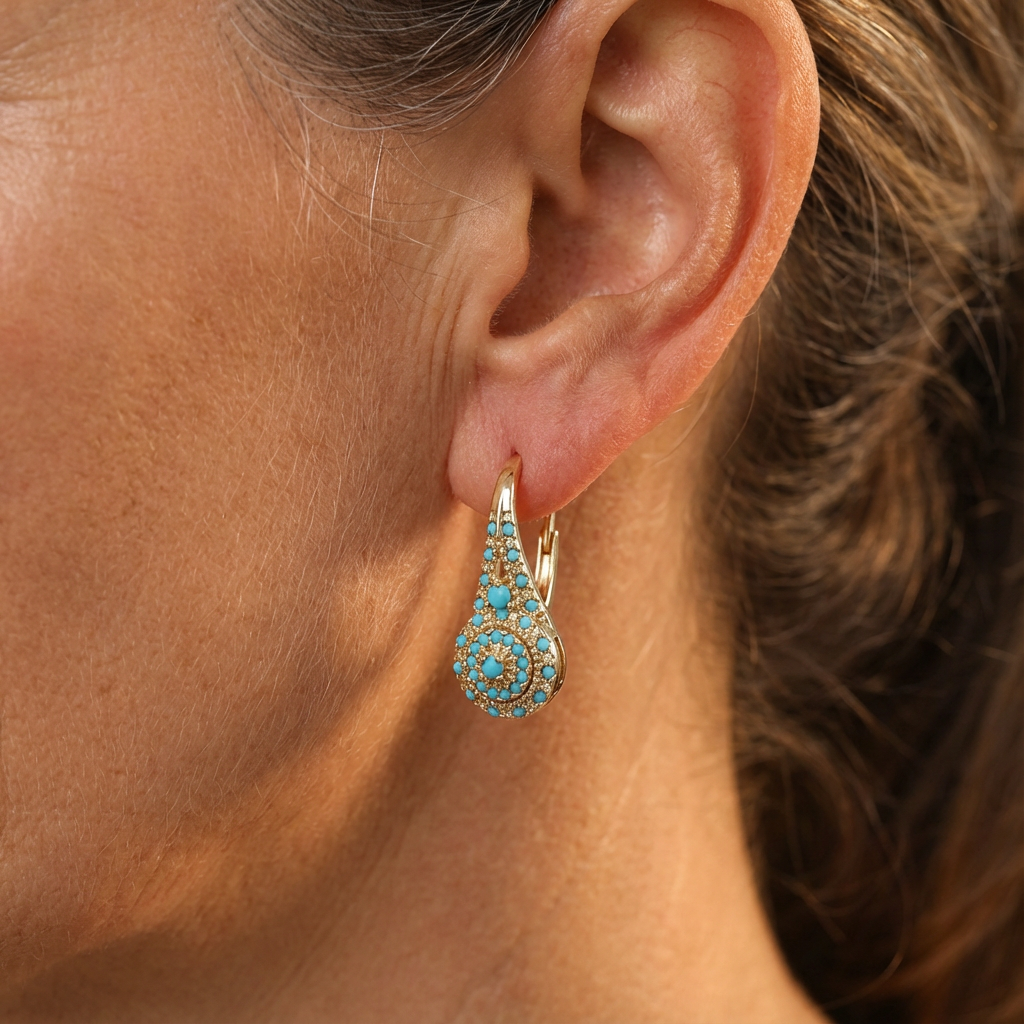 Turquoise Mosaic Teardrop Gold Earrings detail