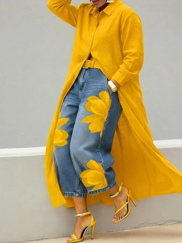 Fiamma Linen Shirt Dress and Floral Jeans Set