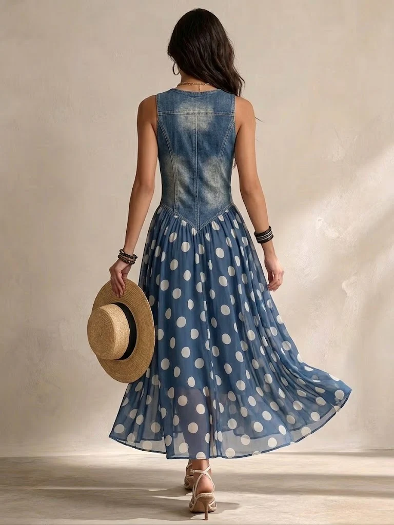 Brenda Denim Top Polka Dot Chiffon Dress - Blue