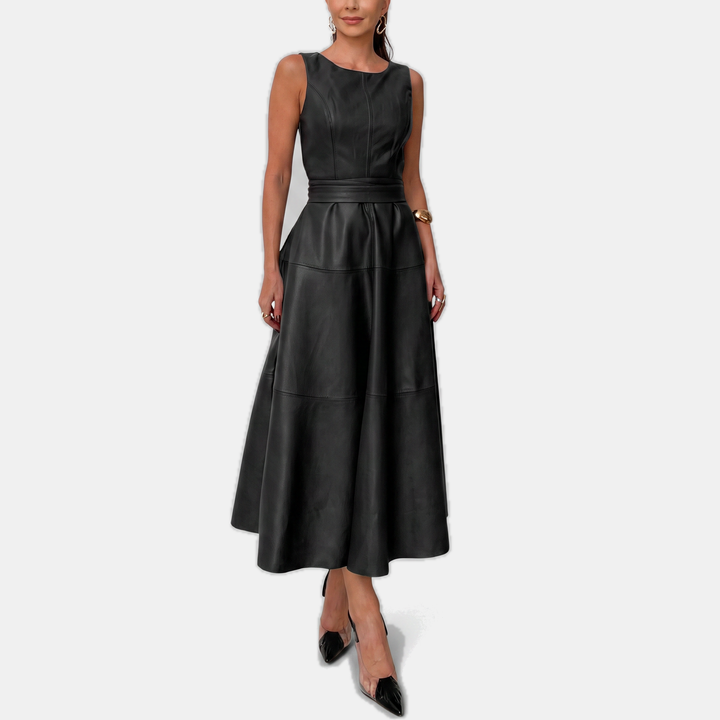 May Faux Leather Belted A Line Midi Dress
