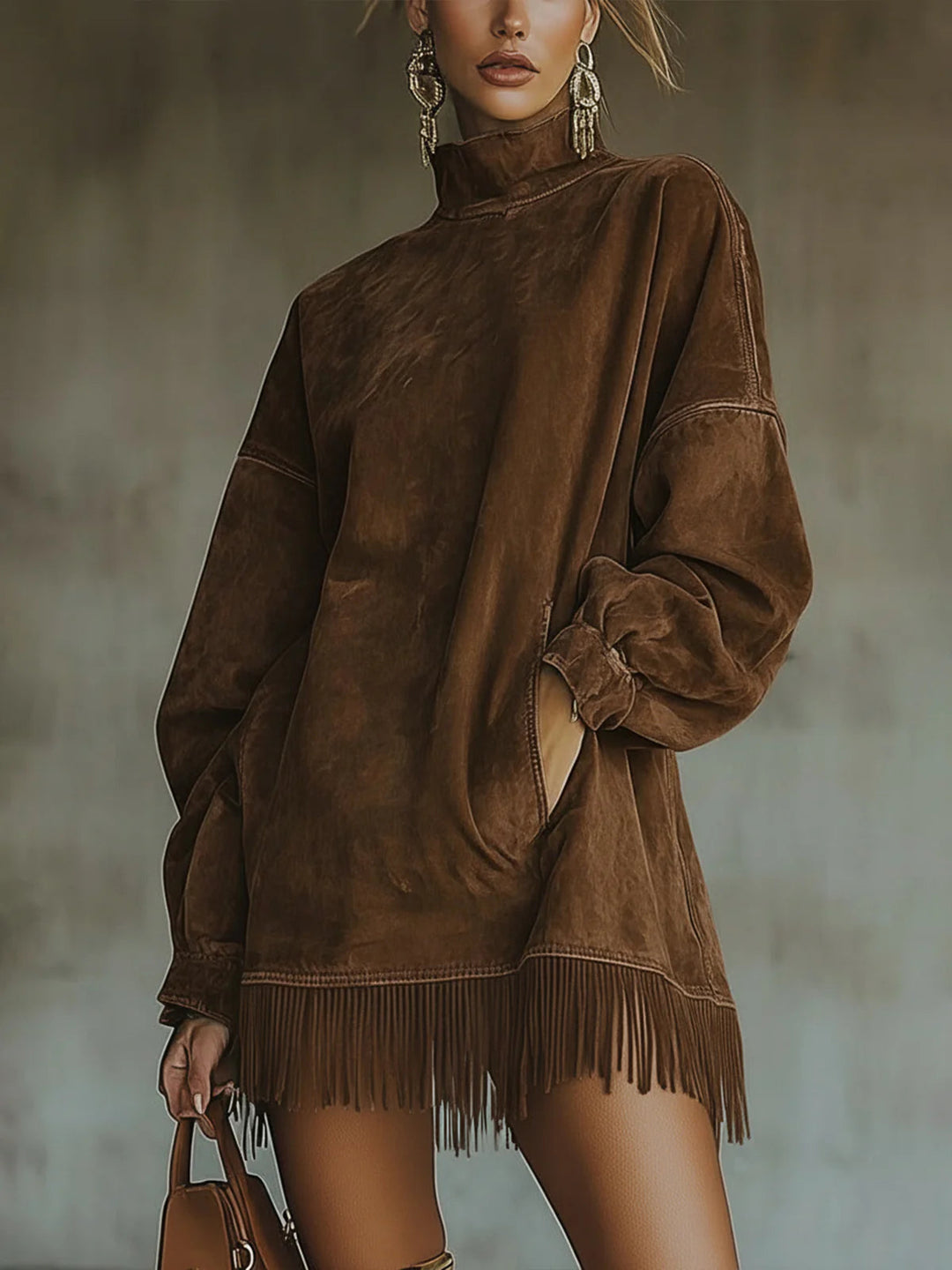 Gabriela Suede Dress with High Neck and Fringe