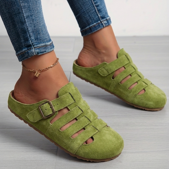 Clara Comfortable Buckle Mule Sandals - Green