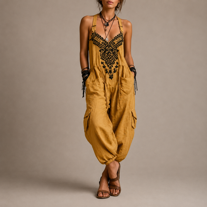 Astrid Embroidered Boho Jumpsuit - Mustard