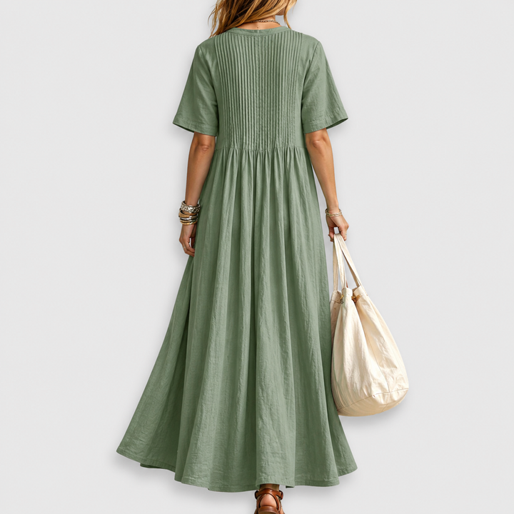 Elowen Pintuck V-Neck Linen Maxi Dress