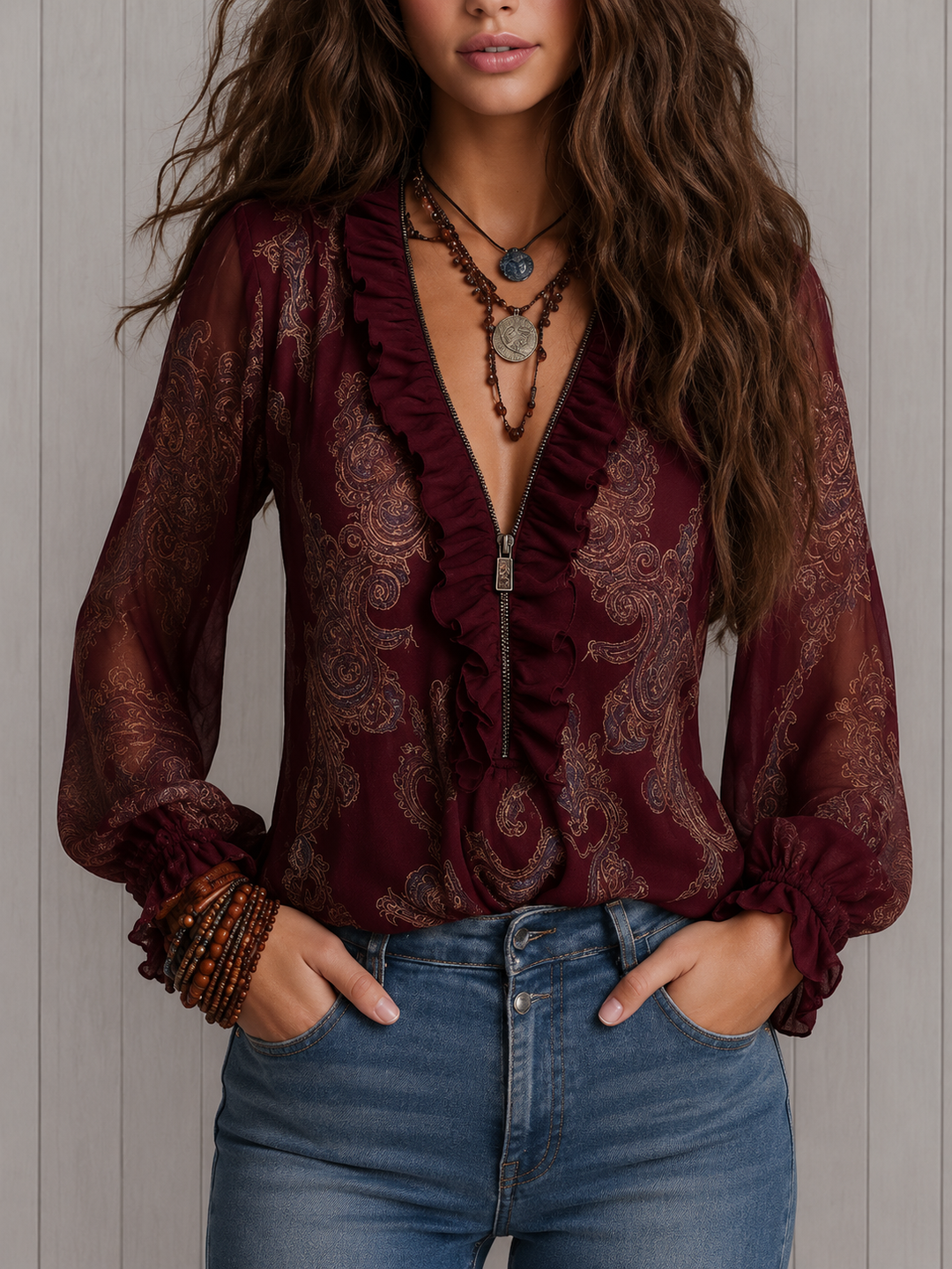 Elise Paisley Ruffle-Neck Blouse