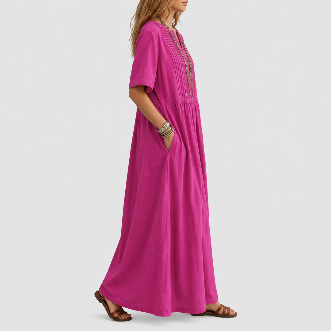 Elowen Pintuck V-Neck Linen Maxi Dress