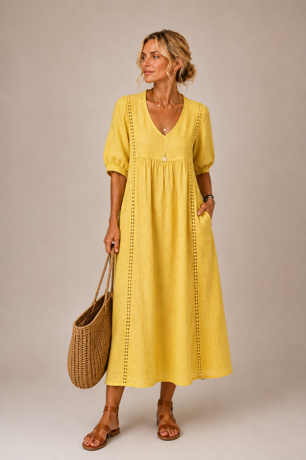 Sefi Lace Detail Linen Midi Dress