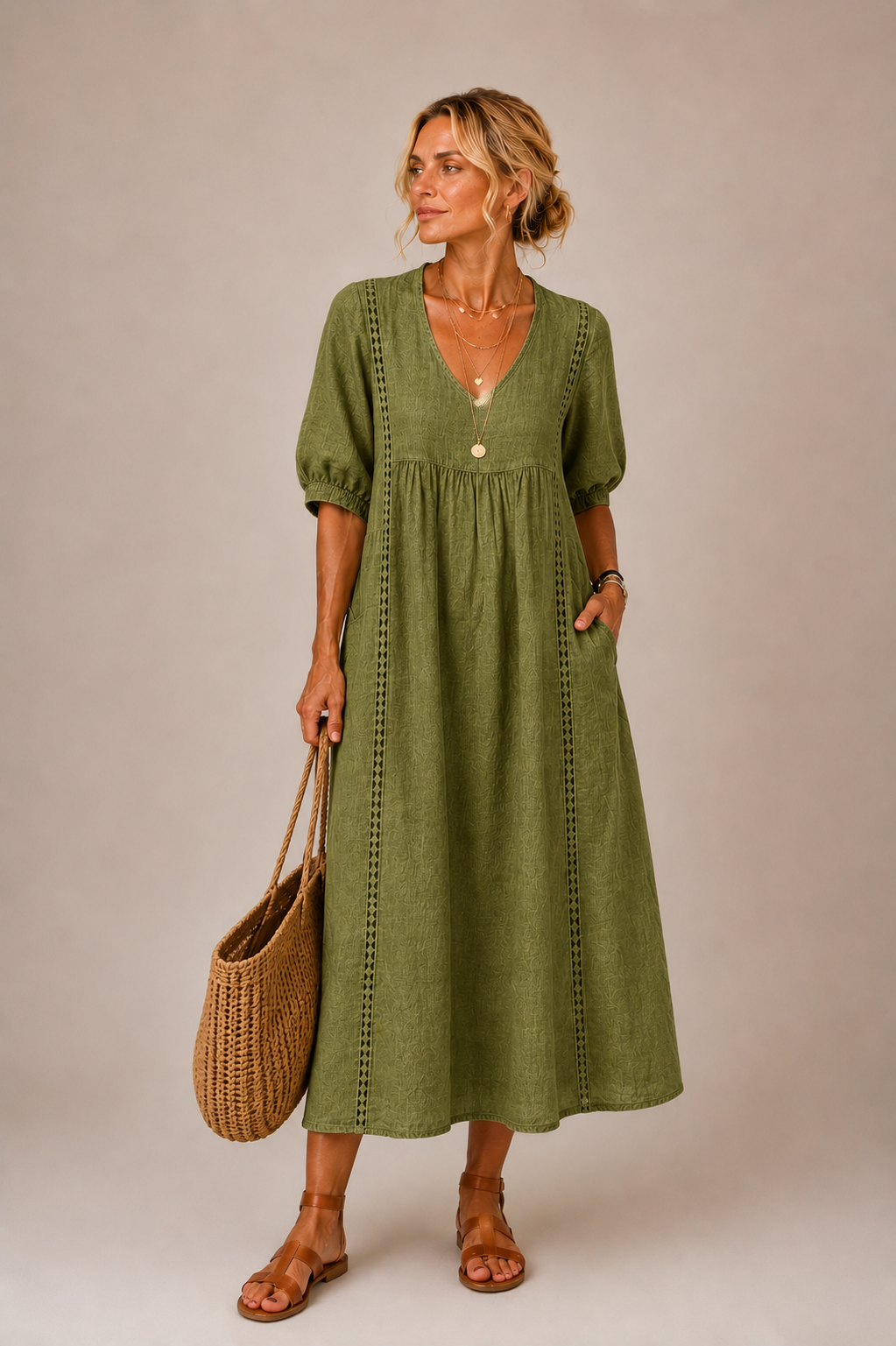 Sefi Lace Detail Linen Midi Dress