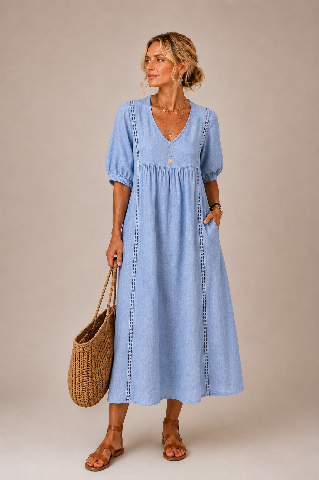 Sefi Lace Detail Linen Midi Dress
