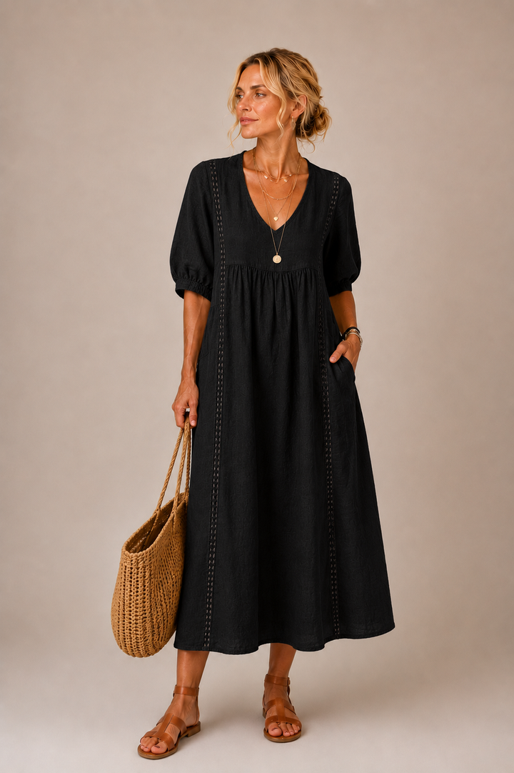 Sefi Lace Detail Linen Midi Dress