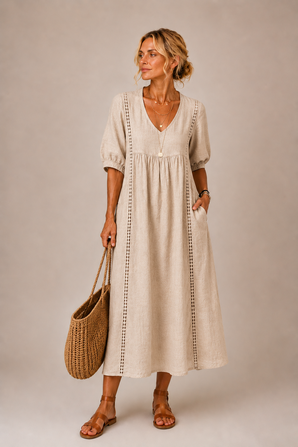 Sefi Lace Detail Linen Midi Dress
