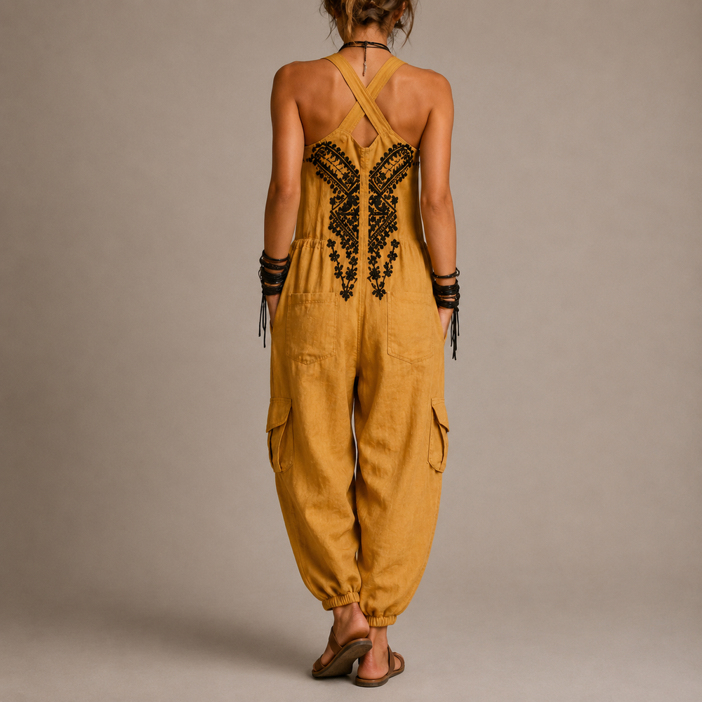 Astrid Embroidered Boho Jumpsuit - Mustard detail
