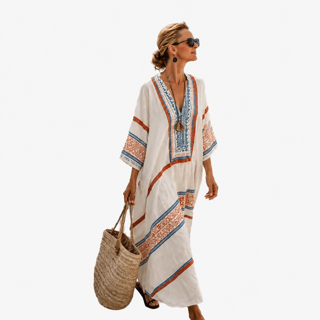 Solange Caftan Dress – Blue & Amber
