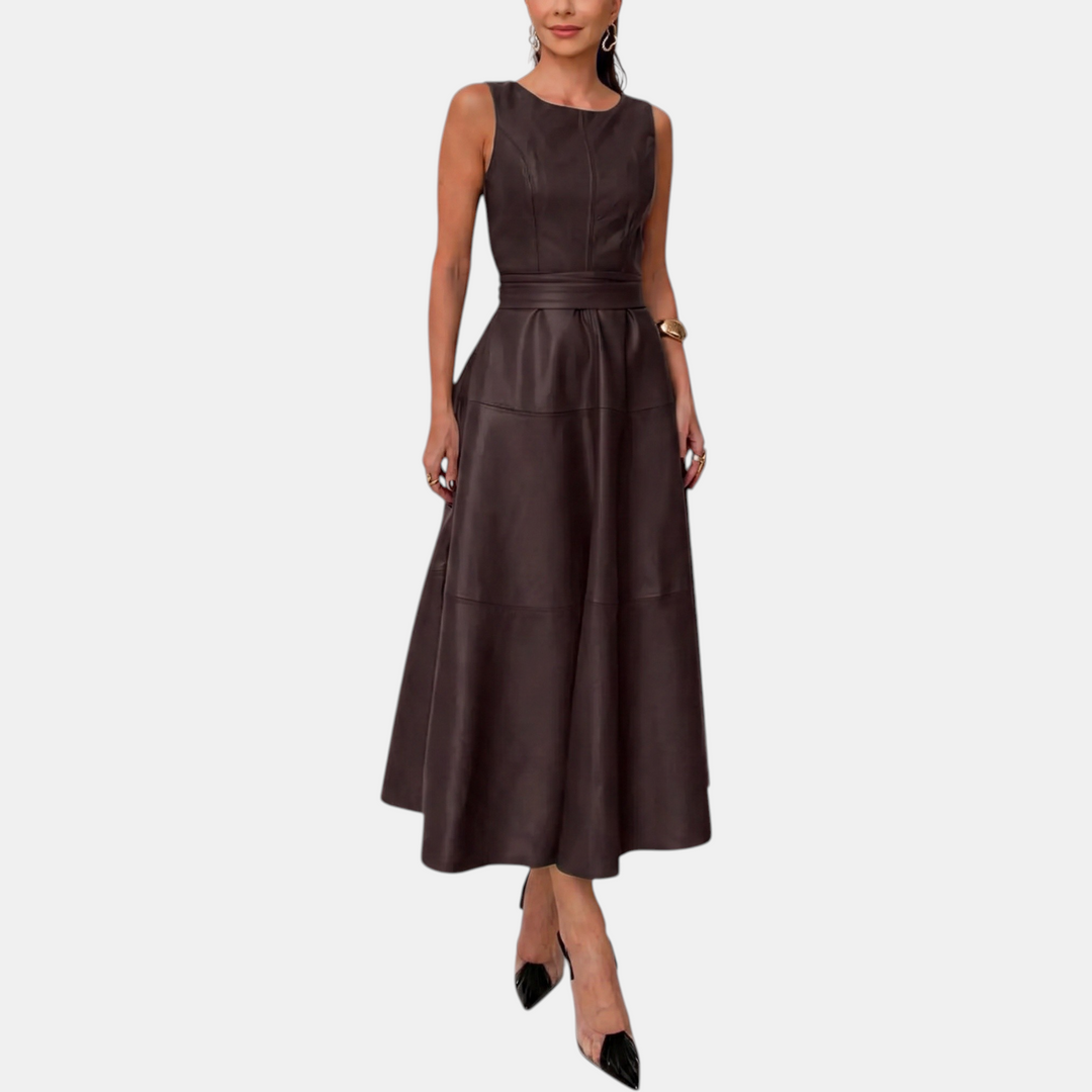 May Faux Leather Belted A Line Midi Dress