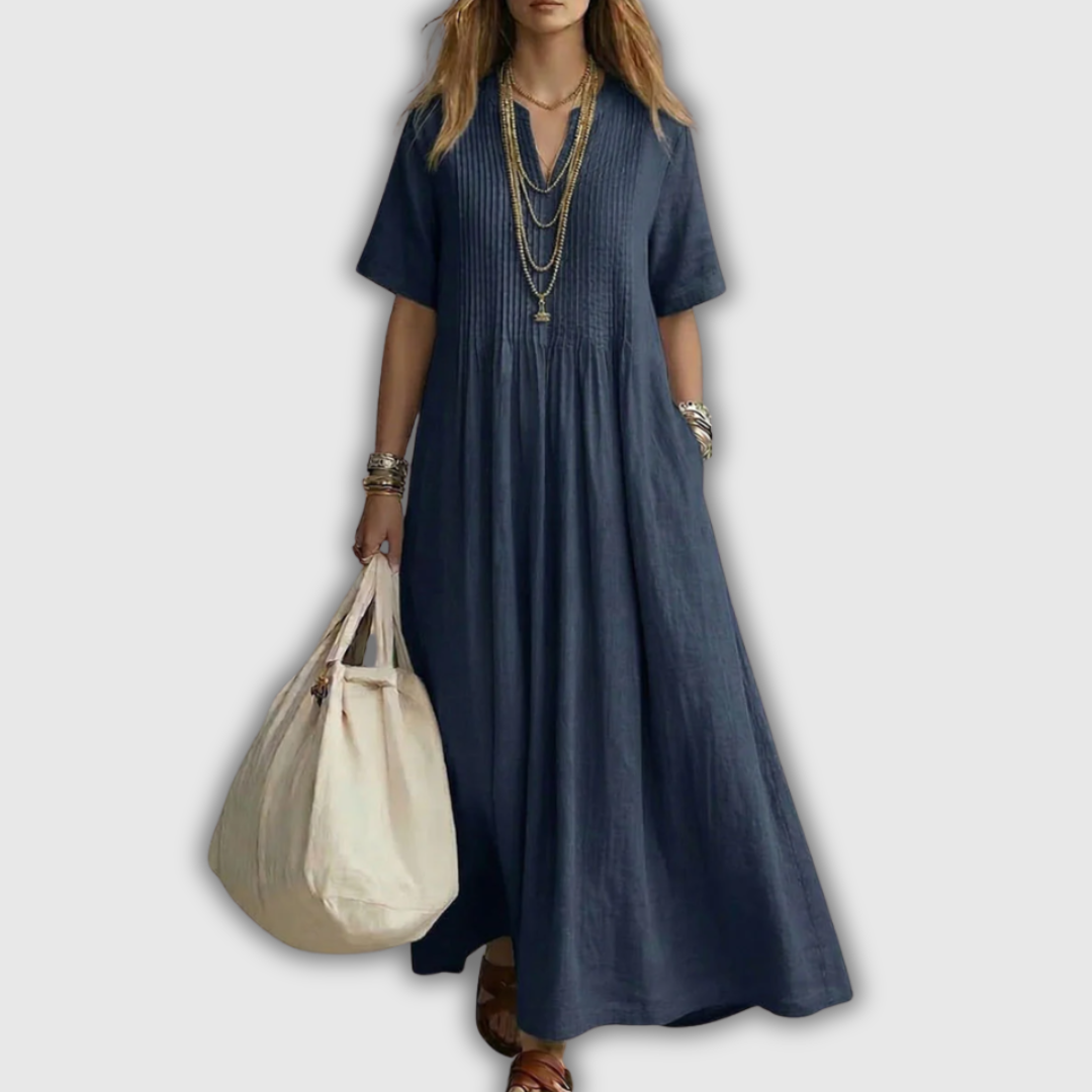 Elowen Pintuck V-Neck Linen Maxi Dress